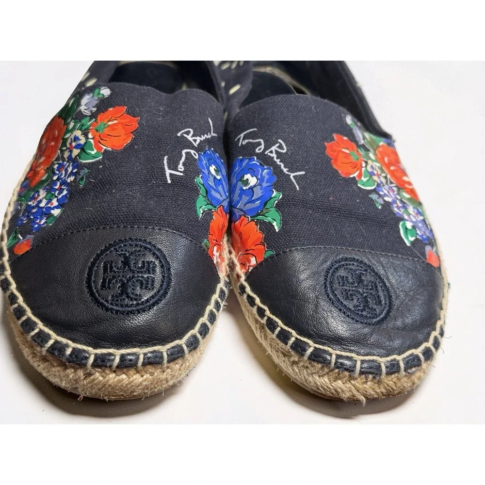 TORY BURCH size 9 Navy blue polka Dot Floral Espadrille Flats Canvas Shoes EUC